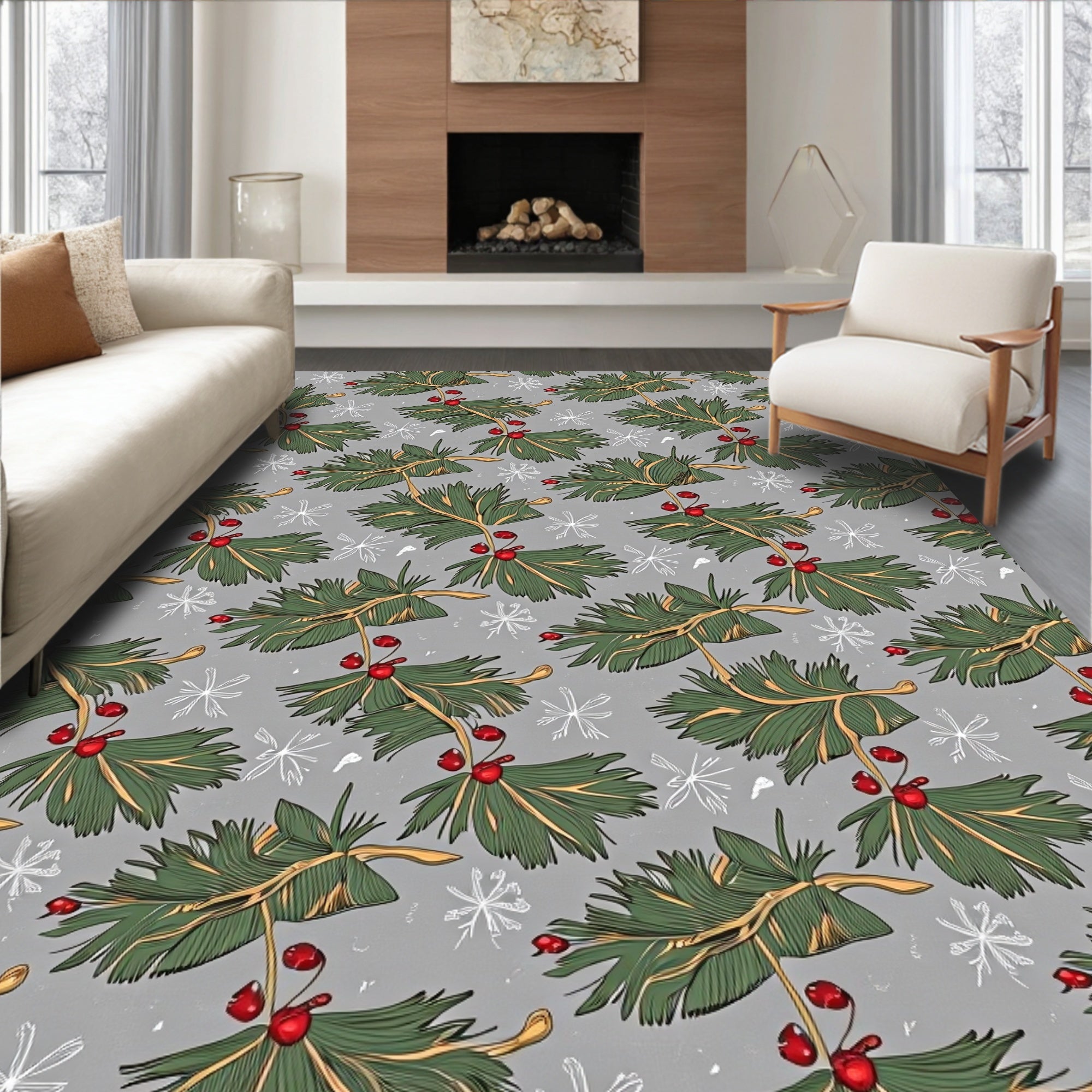 Winter Pine Sprig Snowflakes Pattern Rug