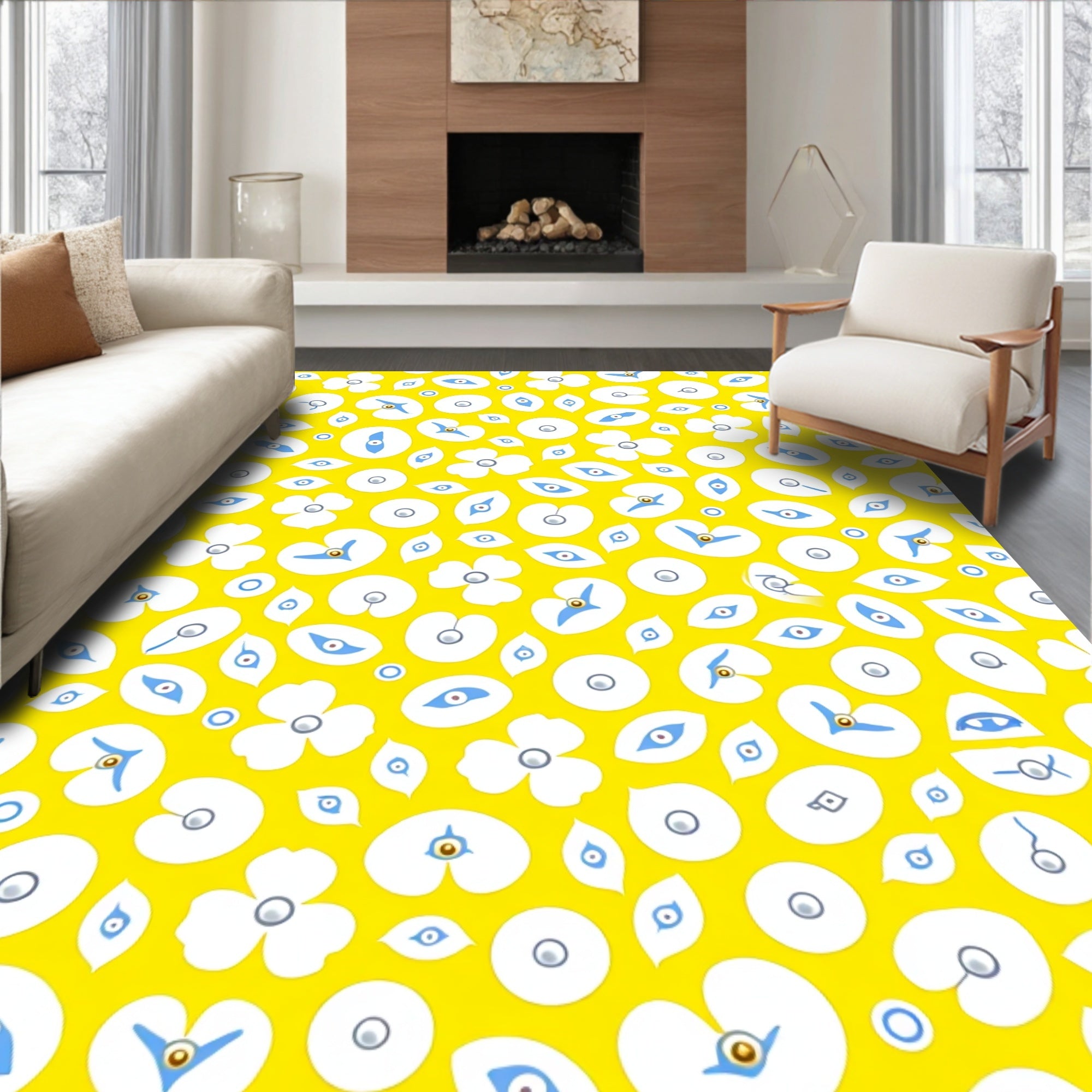 Whimsical Eye and Flower Pattern Rug