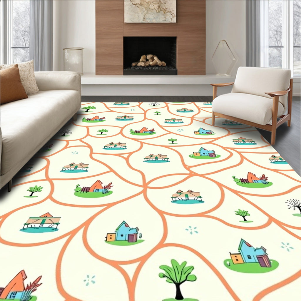 Wavy Village Landscape Colorful Design Rug