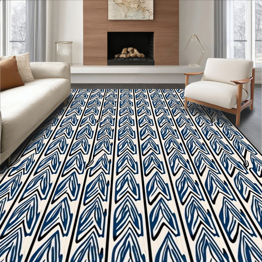 Striped Blue Cream Leaf Pattern Rug