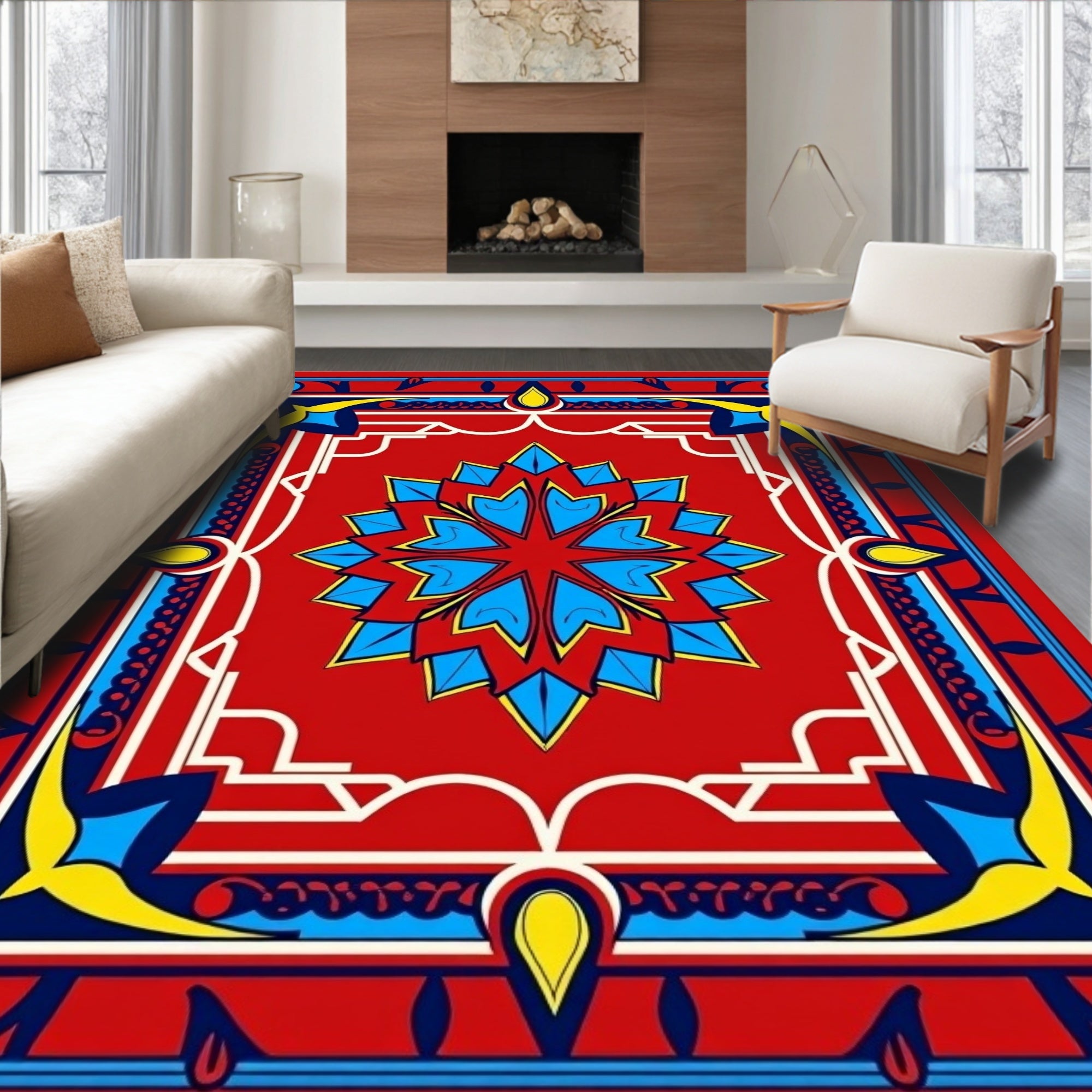Vibrant Starburst Red Bordered Rug