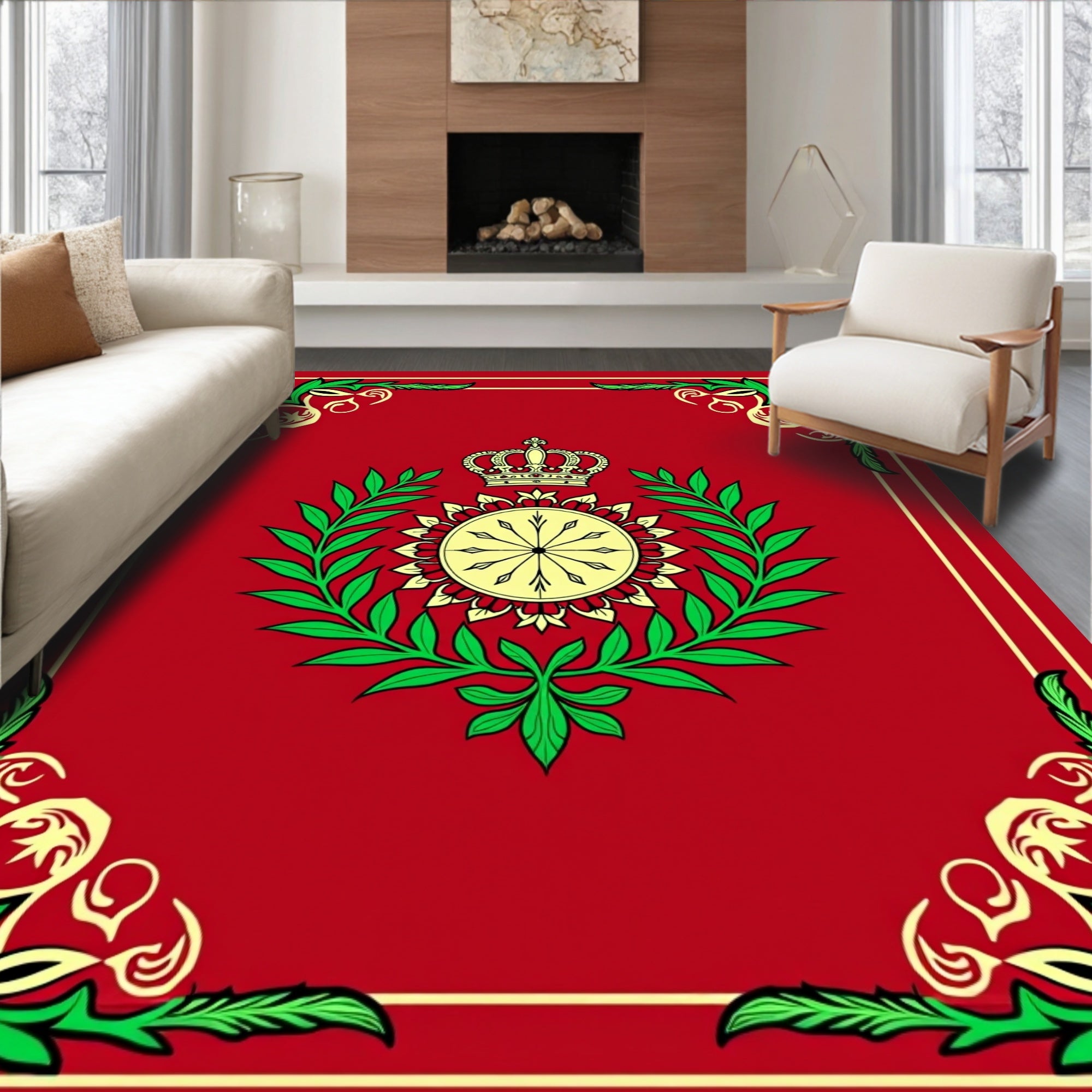 Royal Crown Laurel Leaf Emblem Design Rug