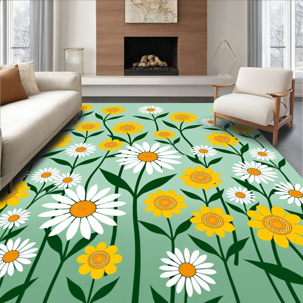 Floral Meadow Pattern Green Background Rug