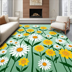 Floral Meadow Pattern Green Background Rug
