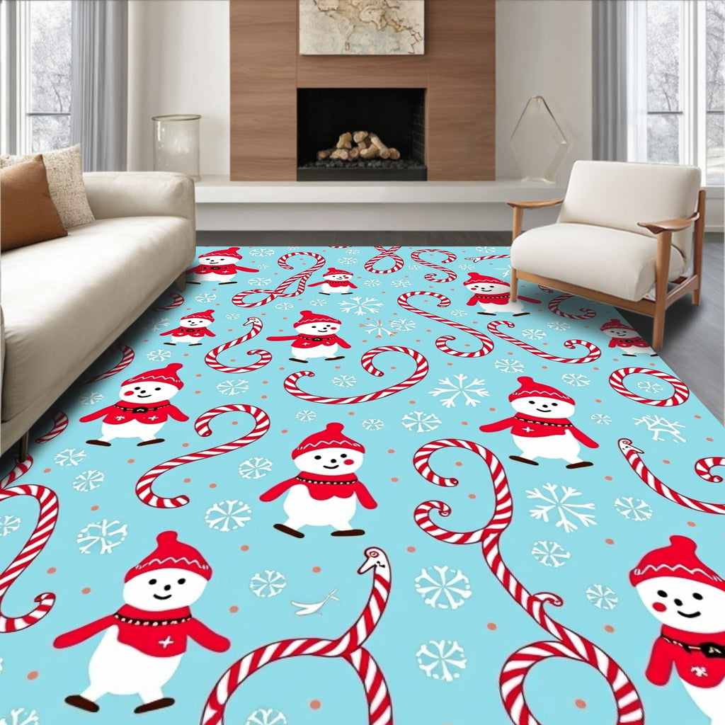 Festive Snowman Candy Cane Snowflakes Rug