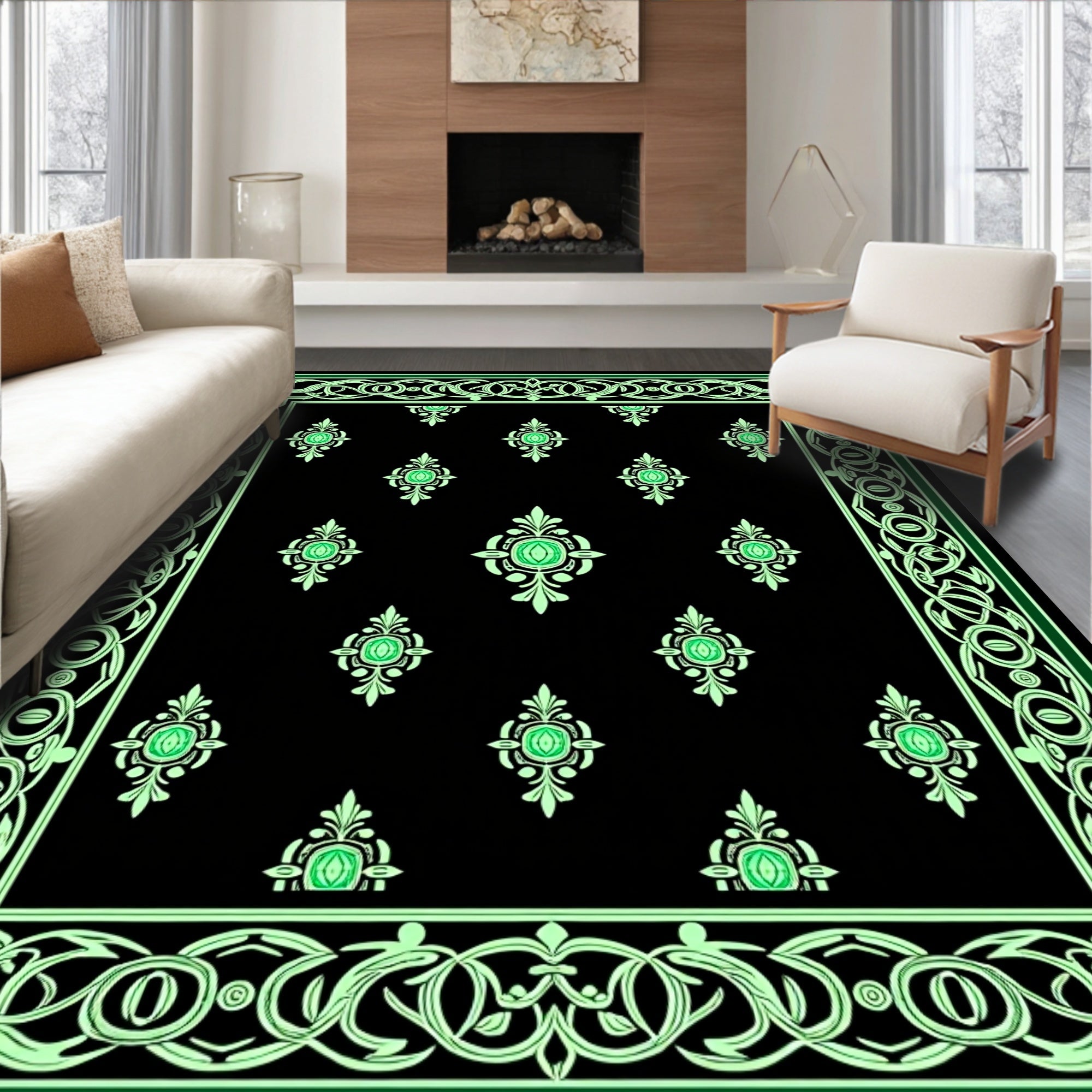 Black Emerald Medallion Floral Border Rug