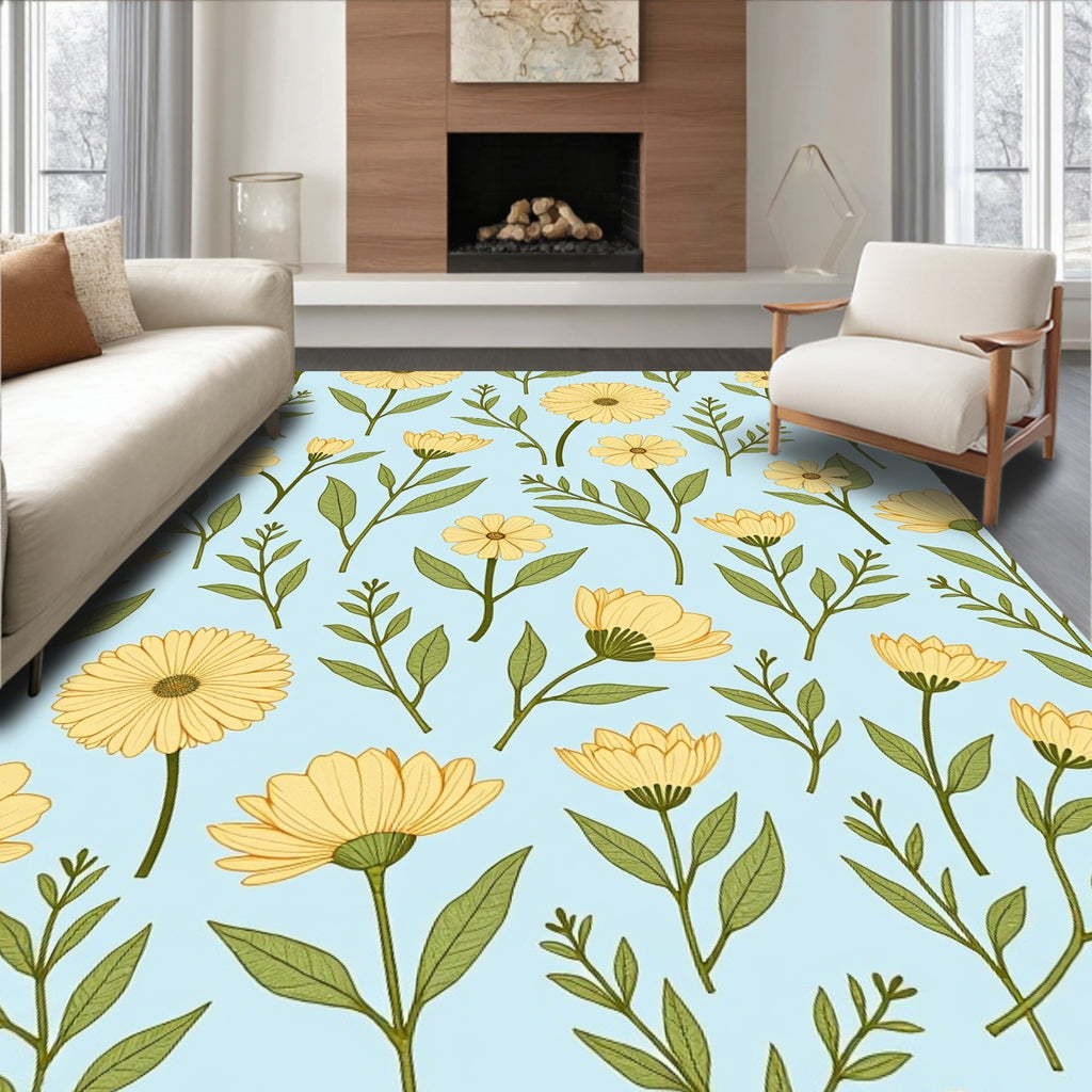 Pale Yellow Floral Botanical Pattern Rug