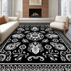 Black White Vintage Floral Crest Rug