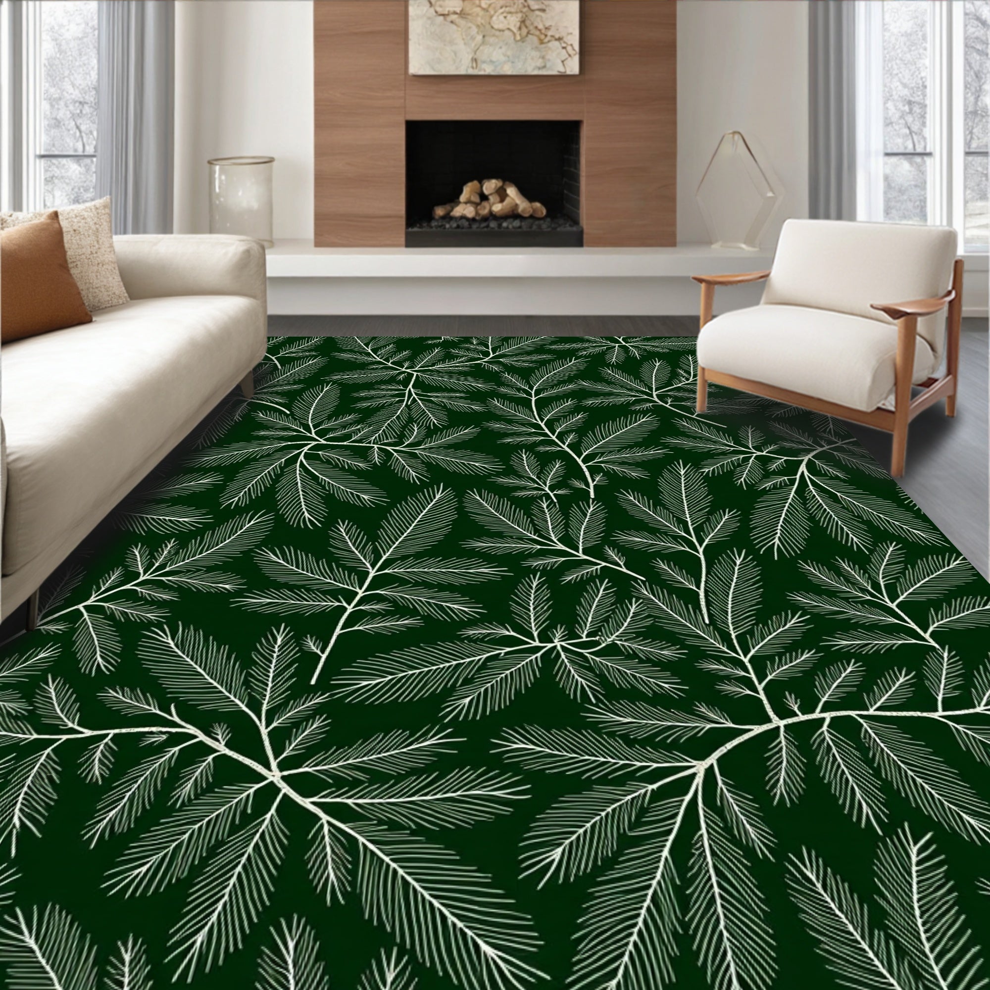 Elegant White Leafy Pattern Design Rug