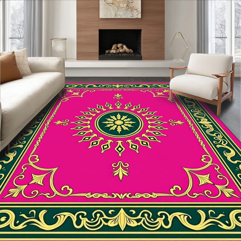 Vibrant Pink Golden Sun Medallion Rug