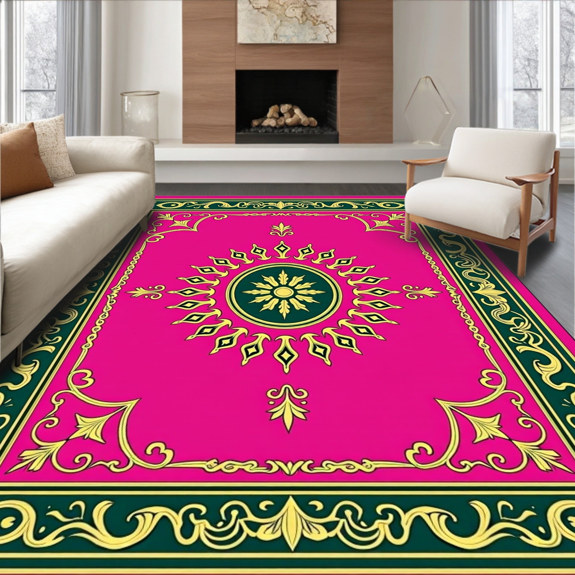 Vibrant Pink Golden Sun Medallion Rug