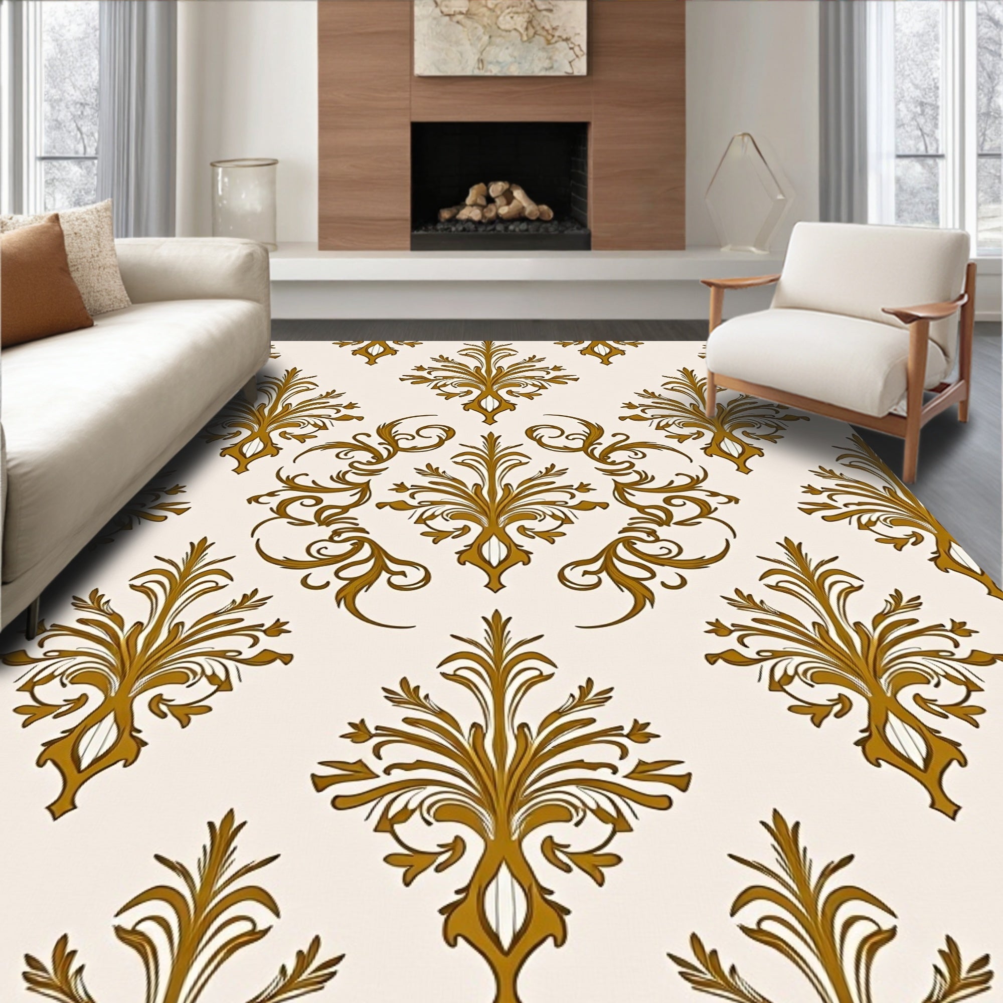 Classic Gold Floral Damask Pattern Rug