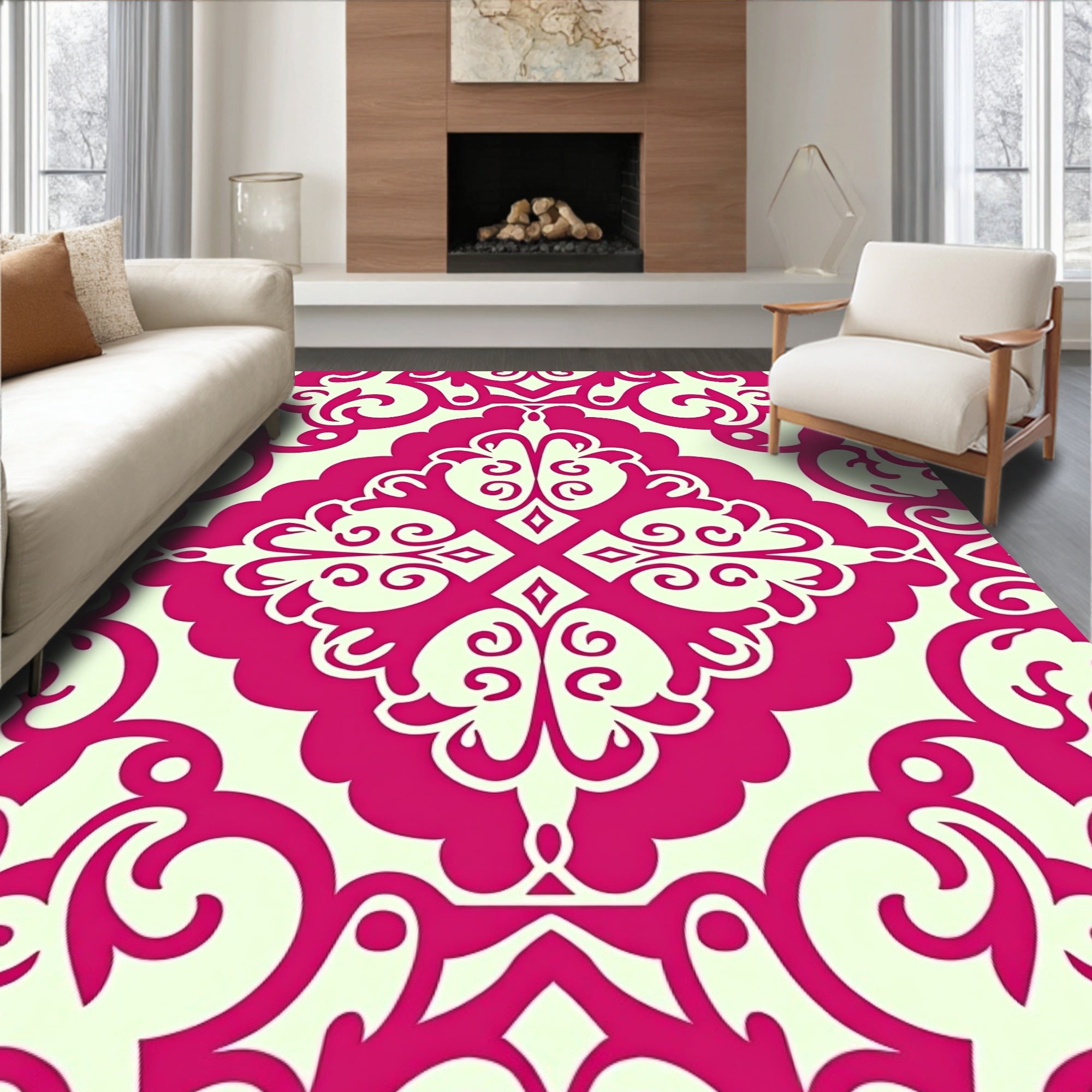Fuchsia Damask Scroll Pattern Rug