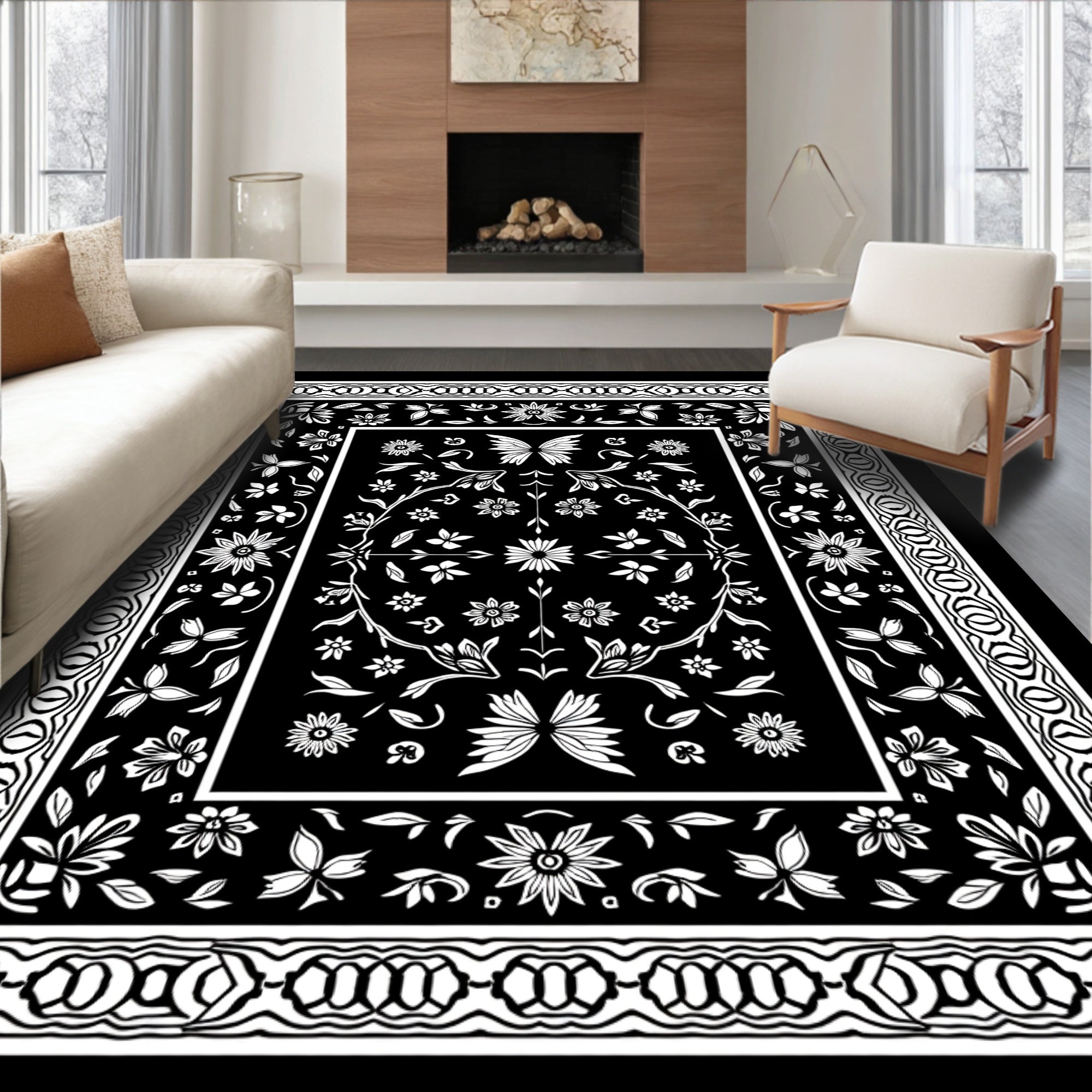 Black White Floral Butterfly Border Rug