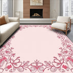 Ornate Pink Floral Scroll Border Design Rug