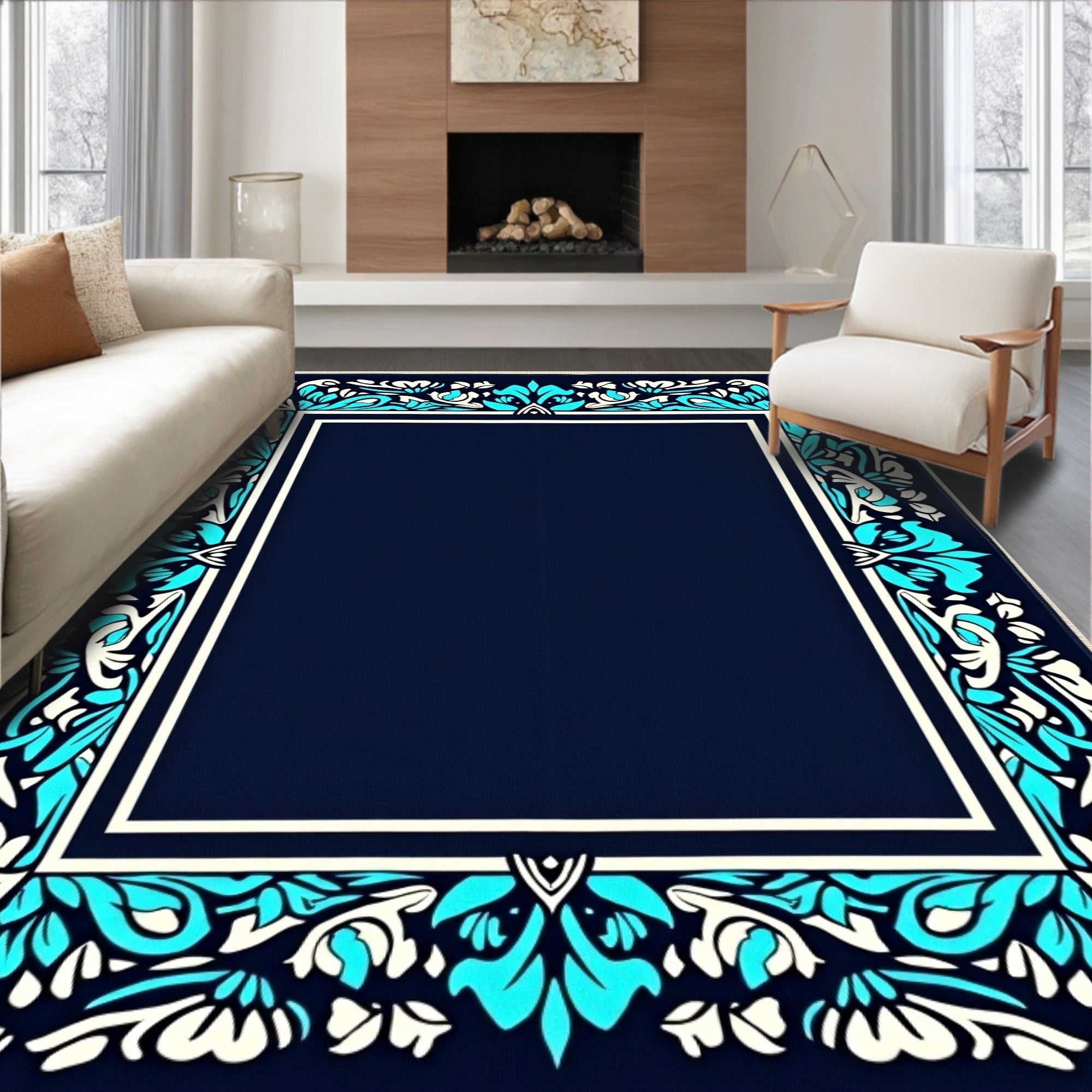 Deep Blue Floral Border Rug