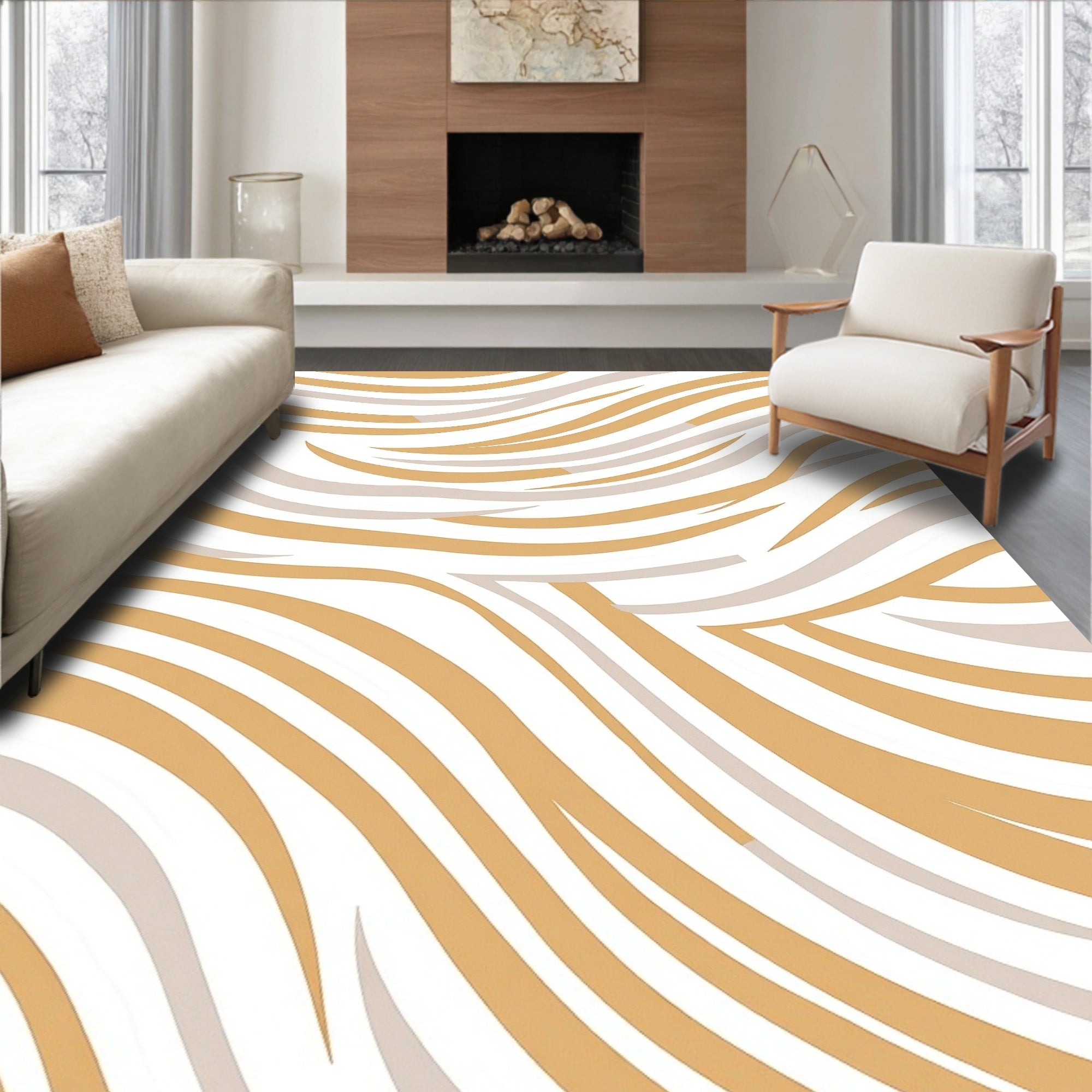 Modern Ochre Waves Pattern Rug