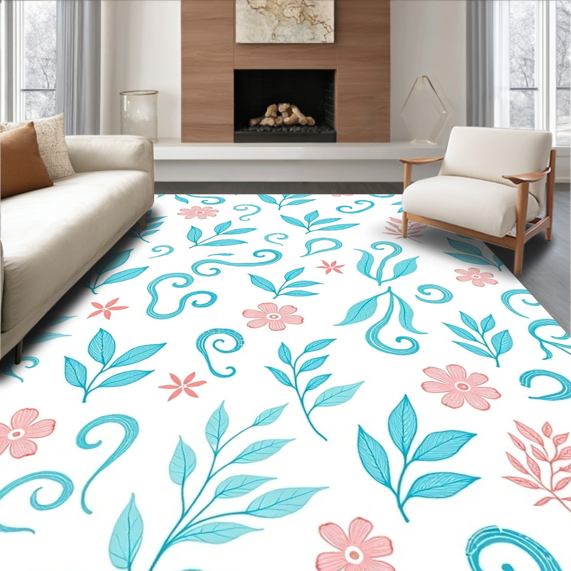 Whimsical Floral Leaf Swirl Pattern Rug