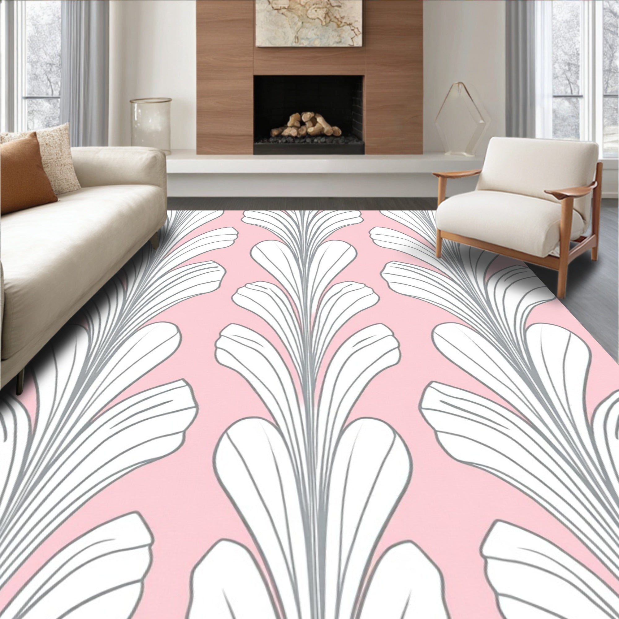 Pale Pink Gray Art Deco Floral Rug