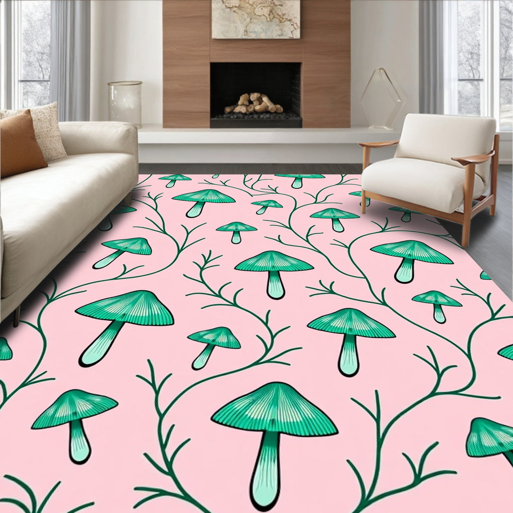 Teal Mushroom Vine Pink Background Rug
