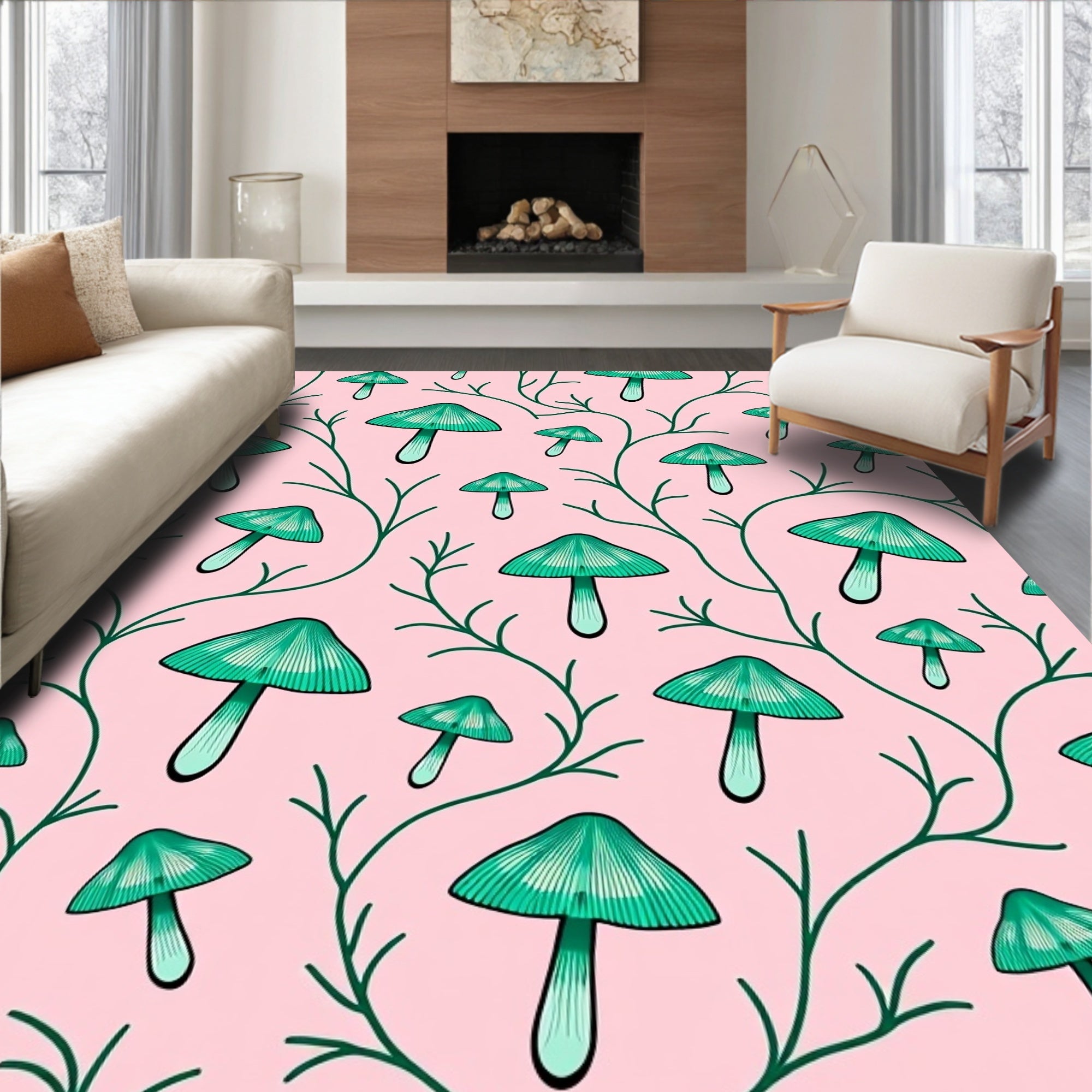 Teal Mushroom Vine Pink Background Rug