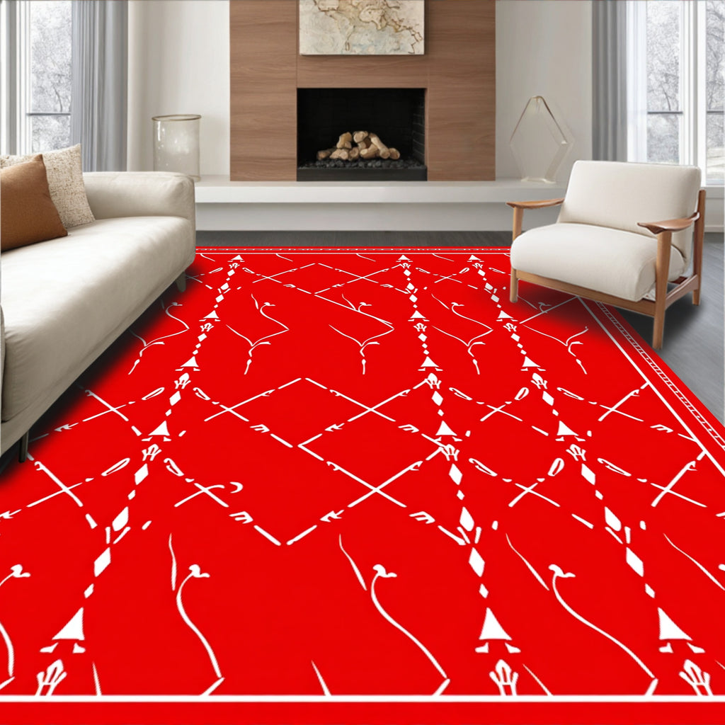 Red White Lattice Floral Pattern Rug