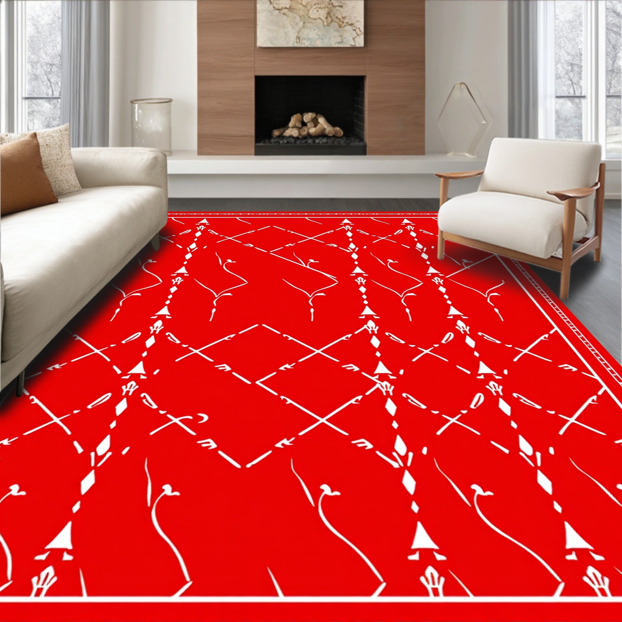 Red White Lattice Floral Pattern Rug