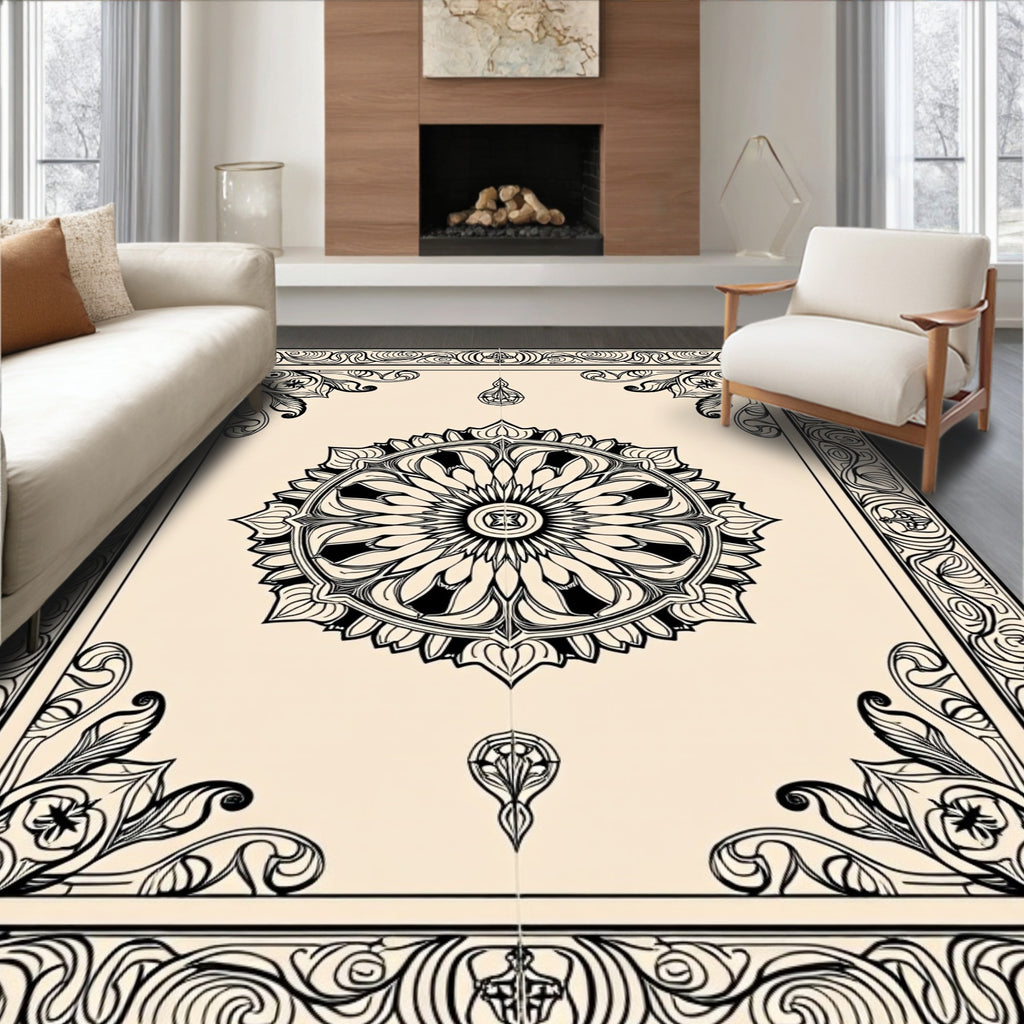 Ornate Mandala Circular Floral Pattern Tile Rug