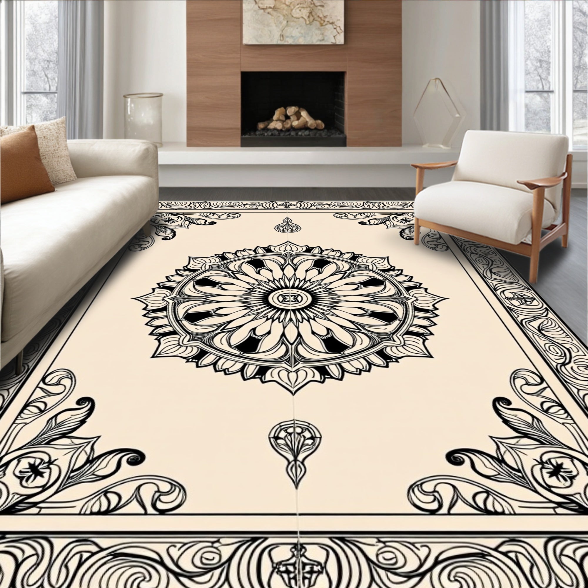 Ornate Mandala Circular Floral Pattern Tile Rug