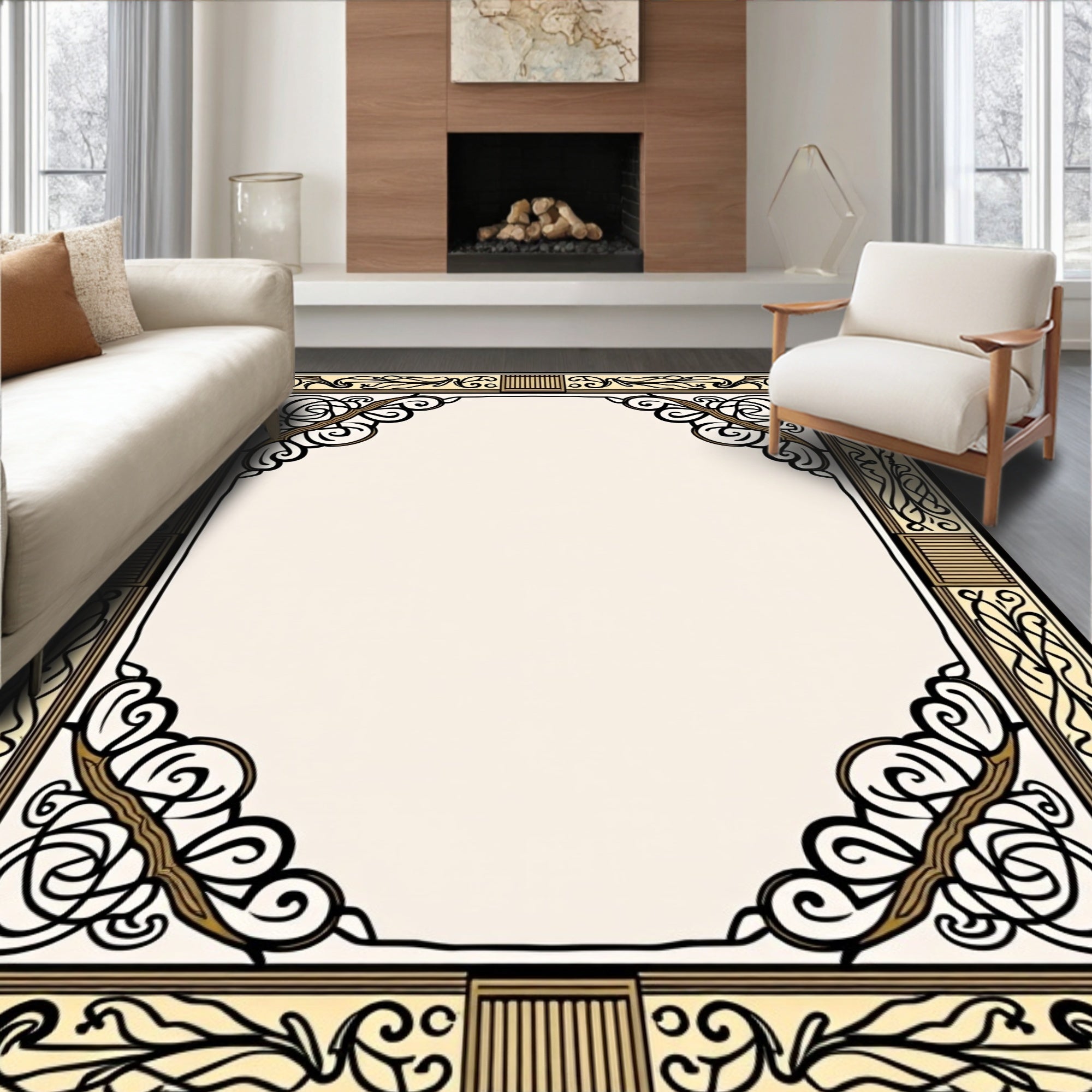 Elegant Black Gold Floral Pattern Rug