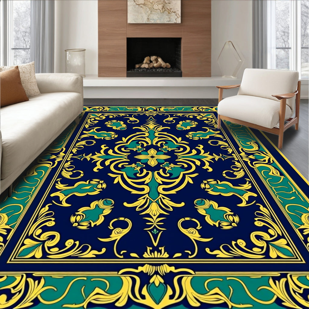 Deep Blue Golden Emerald Floral Medallion Rug