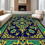 Deep Blue Golden Emerald Floral Medallion Rug