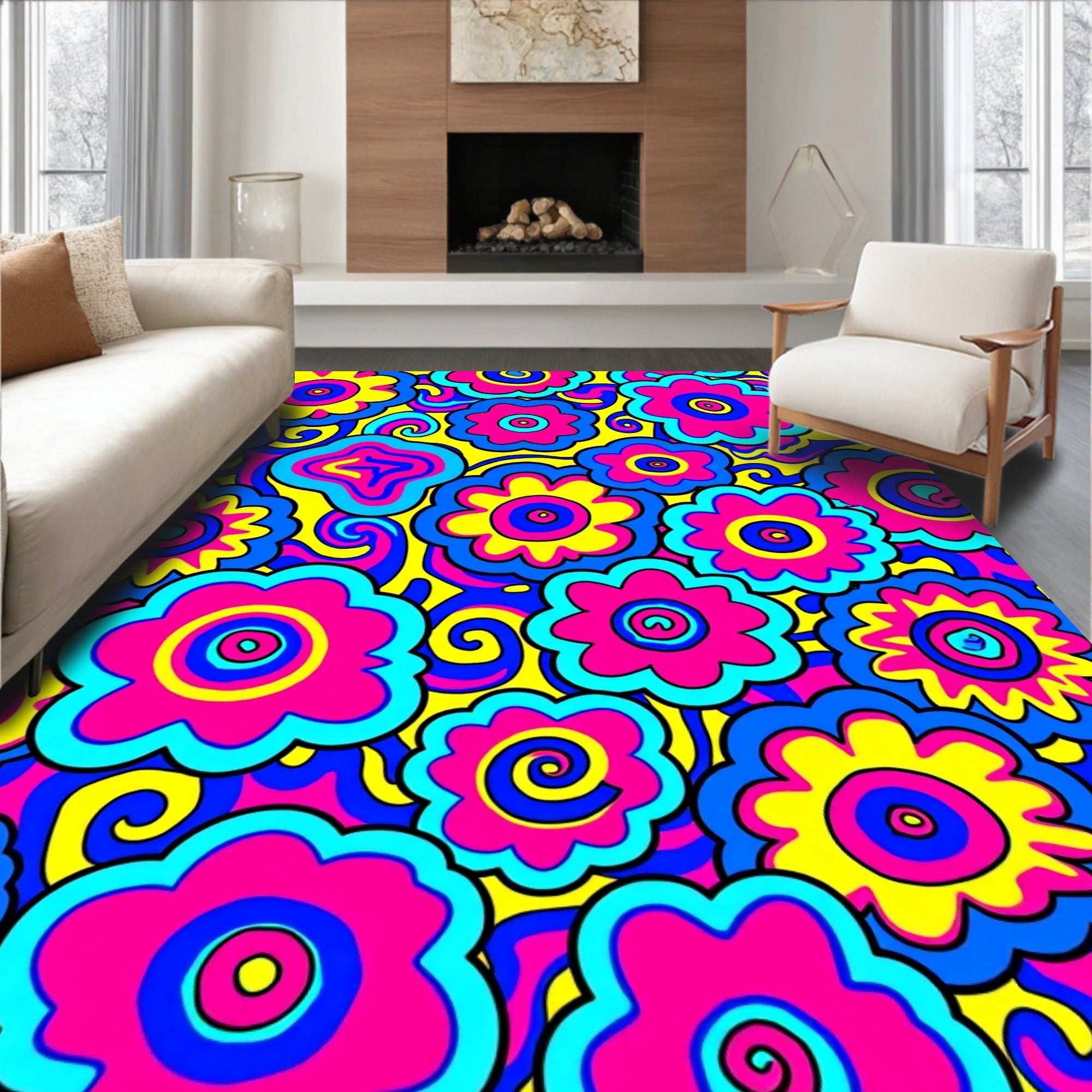 Psychedelic 60s Whimsical Flower Pattern Rug