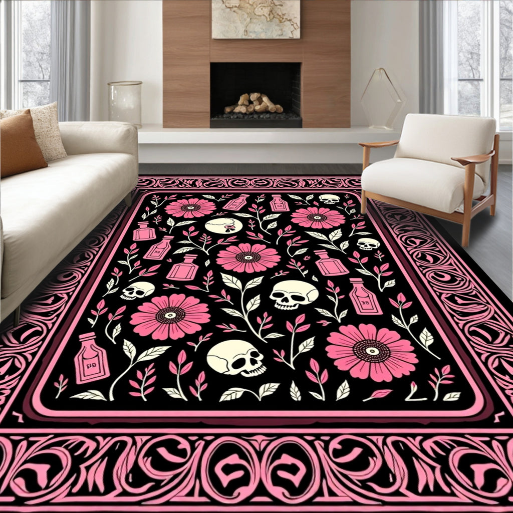 Pink Floral Skull Bottle Pattern Rug