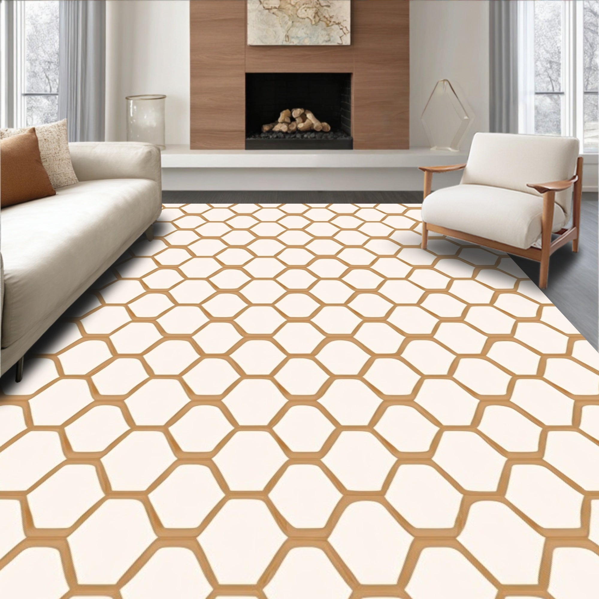 Golden Honeycomb Geometric Pattern Rug