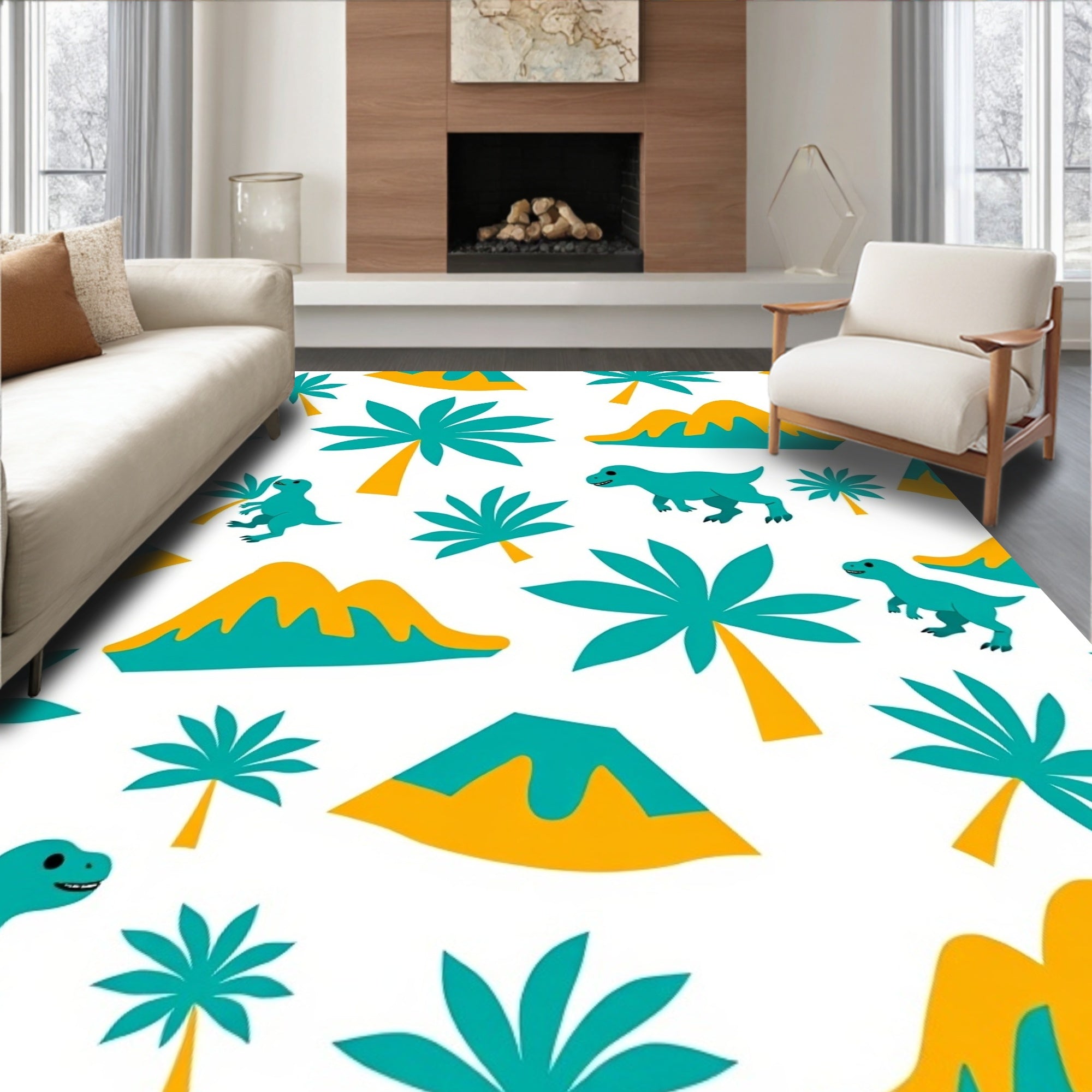 Whimsical Dinosaur Palm Tree Volcano Pattern Rug