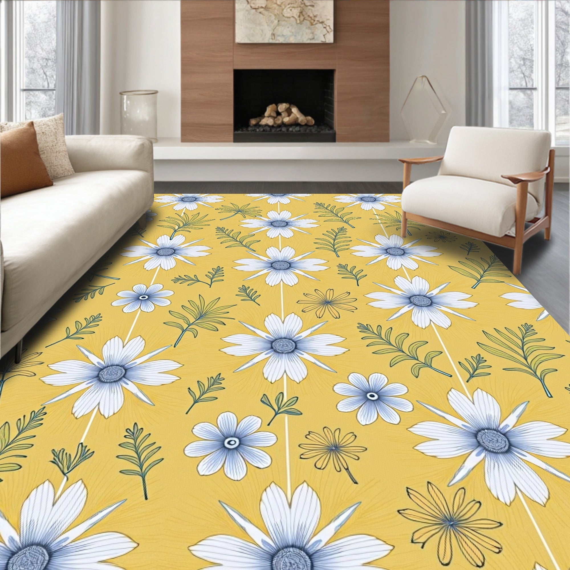 Floral Botanical Pattern with Blue Yellow Accents Rug
