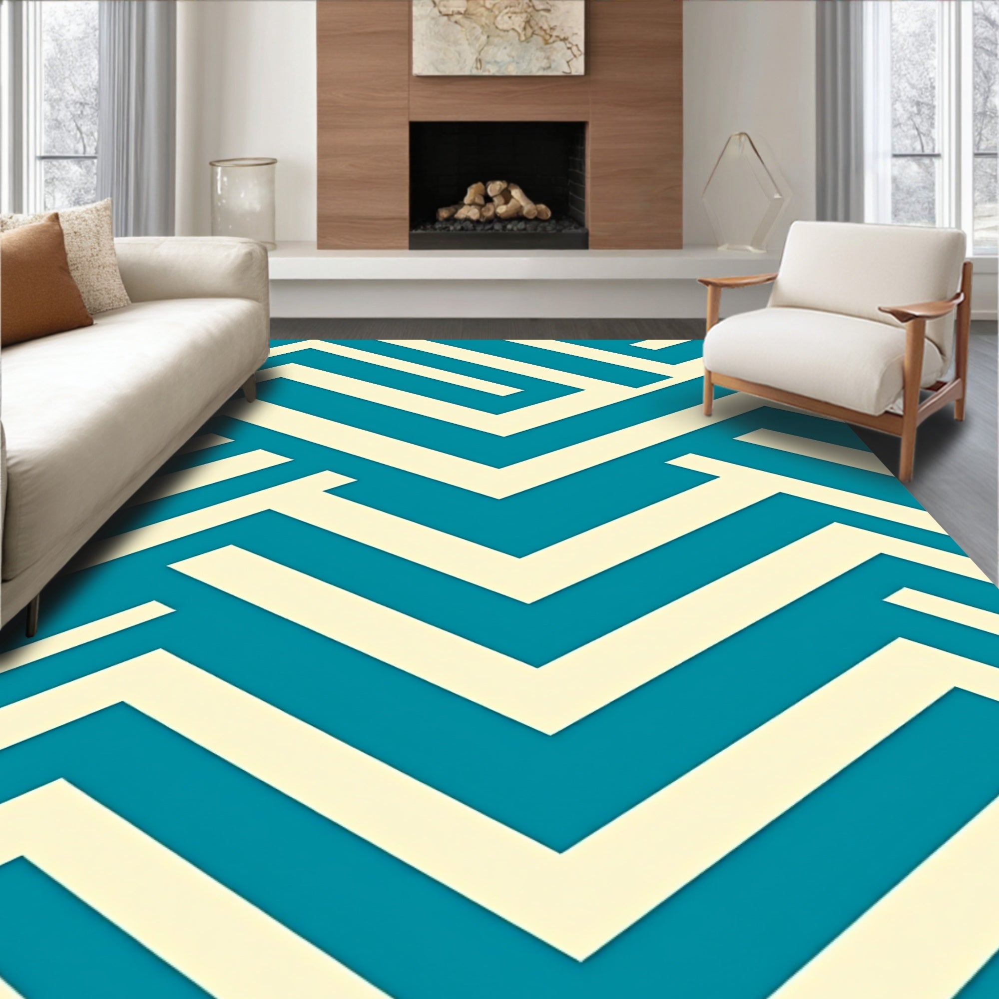 Teal Cream Geometric Zigzag Pattern Rug