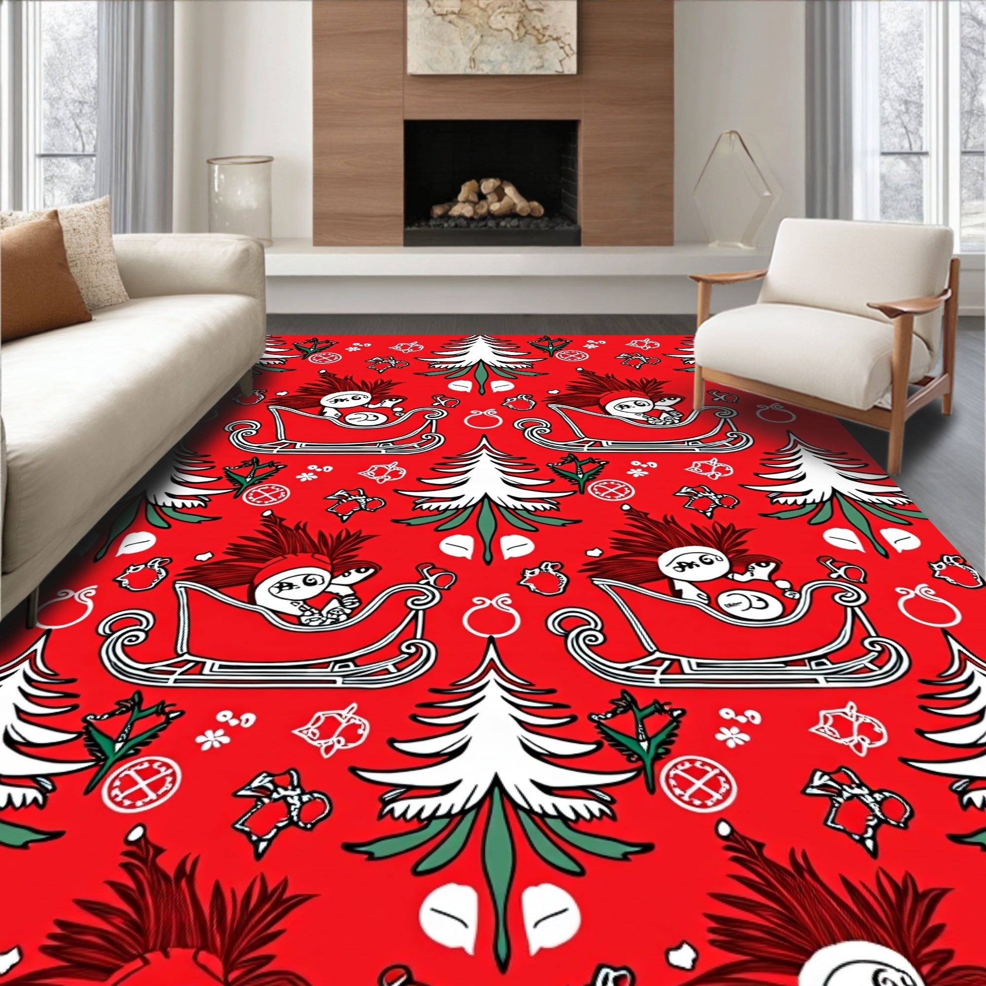 Sledding Hedgehogs Christmas Pattern Design Rug