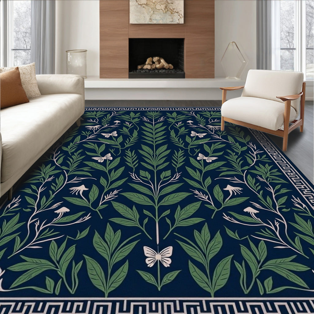 Dark Blue Botanical Print Butterfly Rug
