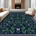 Dark Blue Botanical Print Butterfly Rug