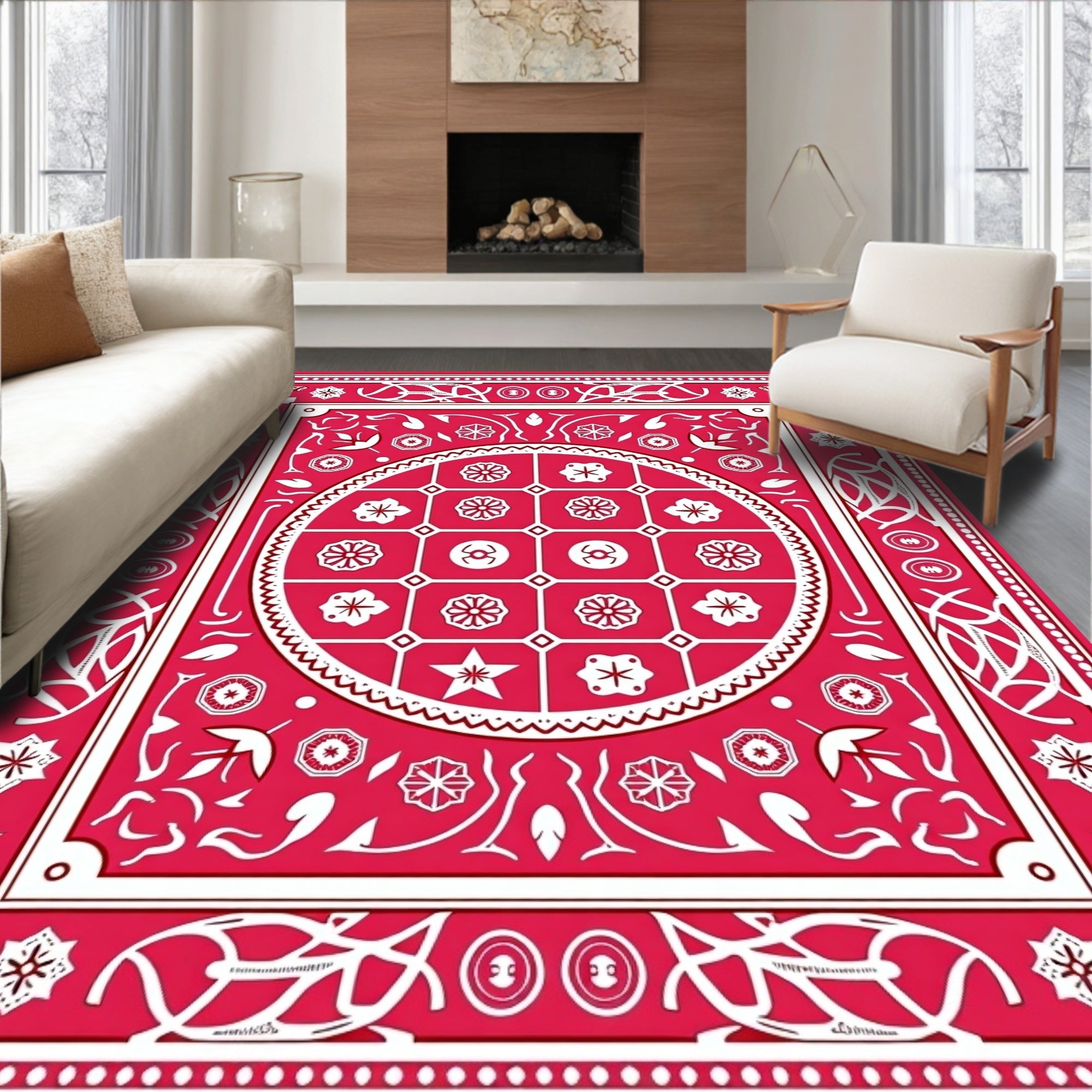 Red Floral And Geometric Pattern Rug