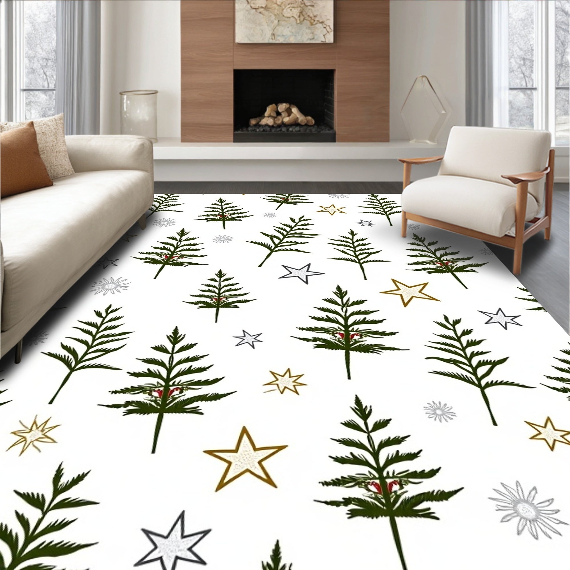 Dark Green Trees Gold Stars Scatter Rug