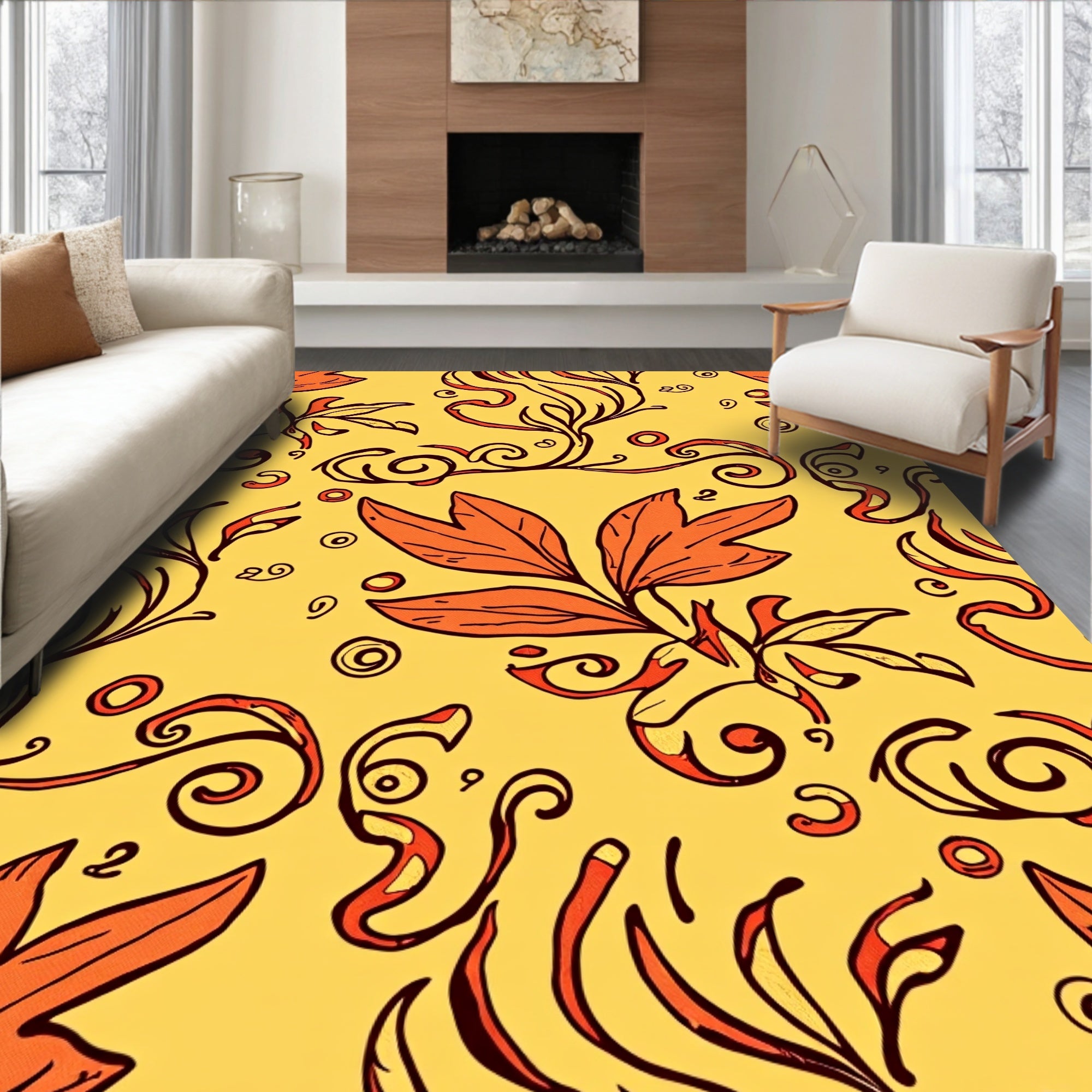 Orange Leaf and Swirl Pattern Rug