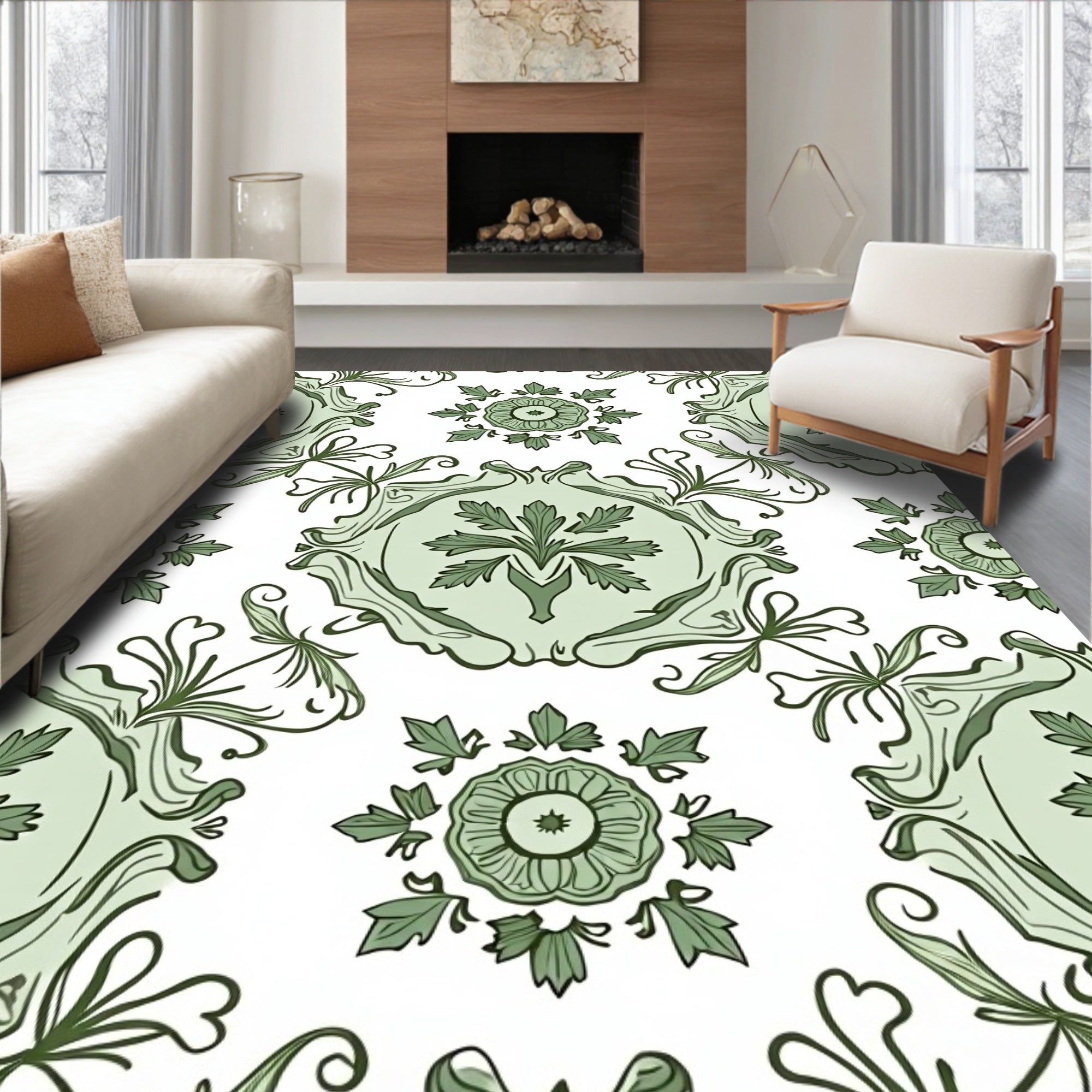 Green Floral Medallion Swirl Pattern Rug