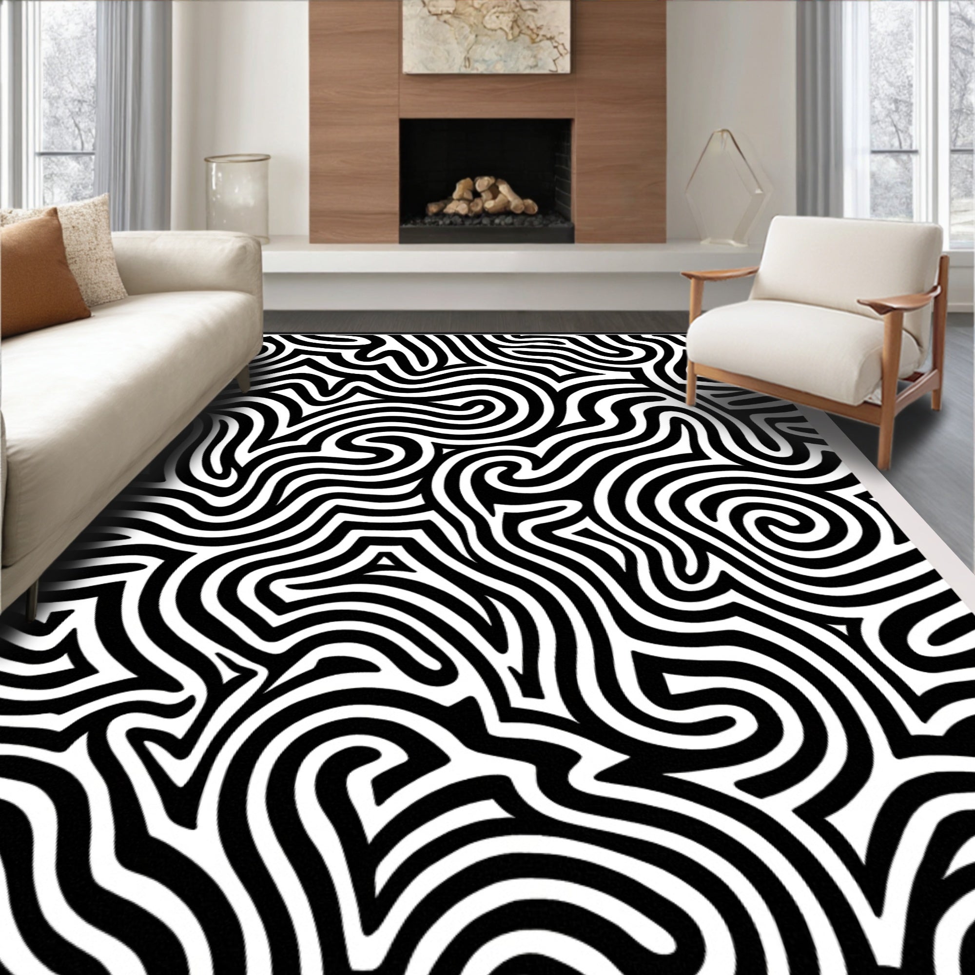 Abstract Black White Stripe Pattern Rug