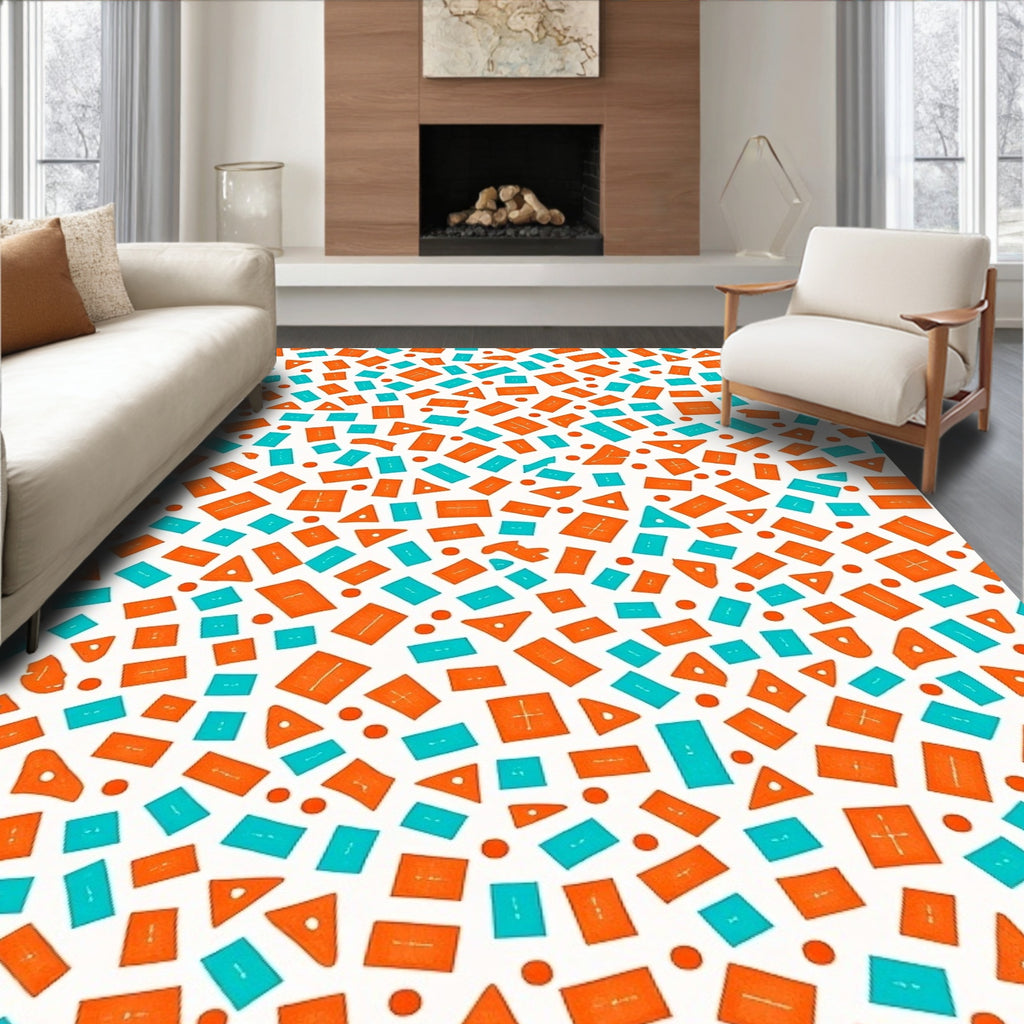 Playful Orange Teal Geometric Shapes Rug