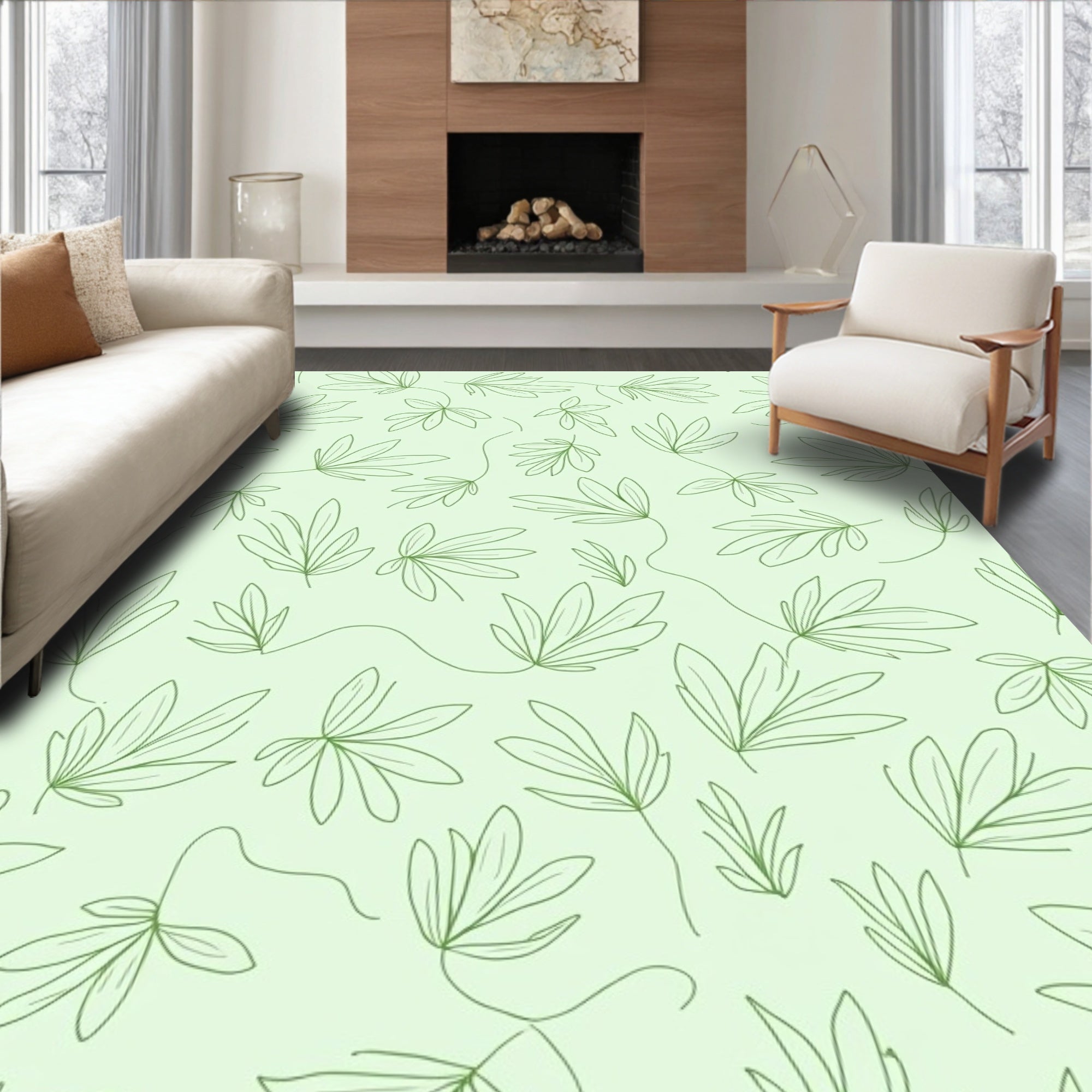 Minimalist Green Leaf Line Art Rug