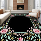Black Floral Frame with Pink Flowers Rug