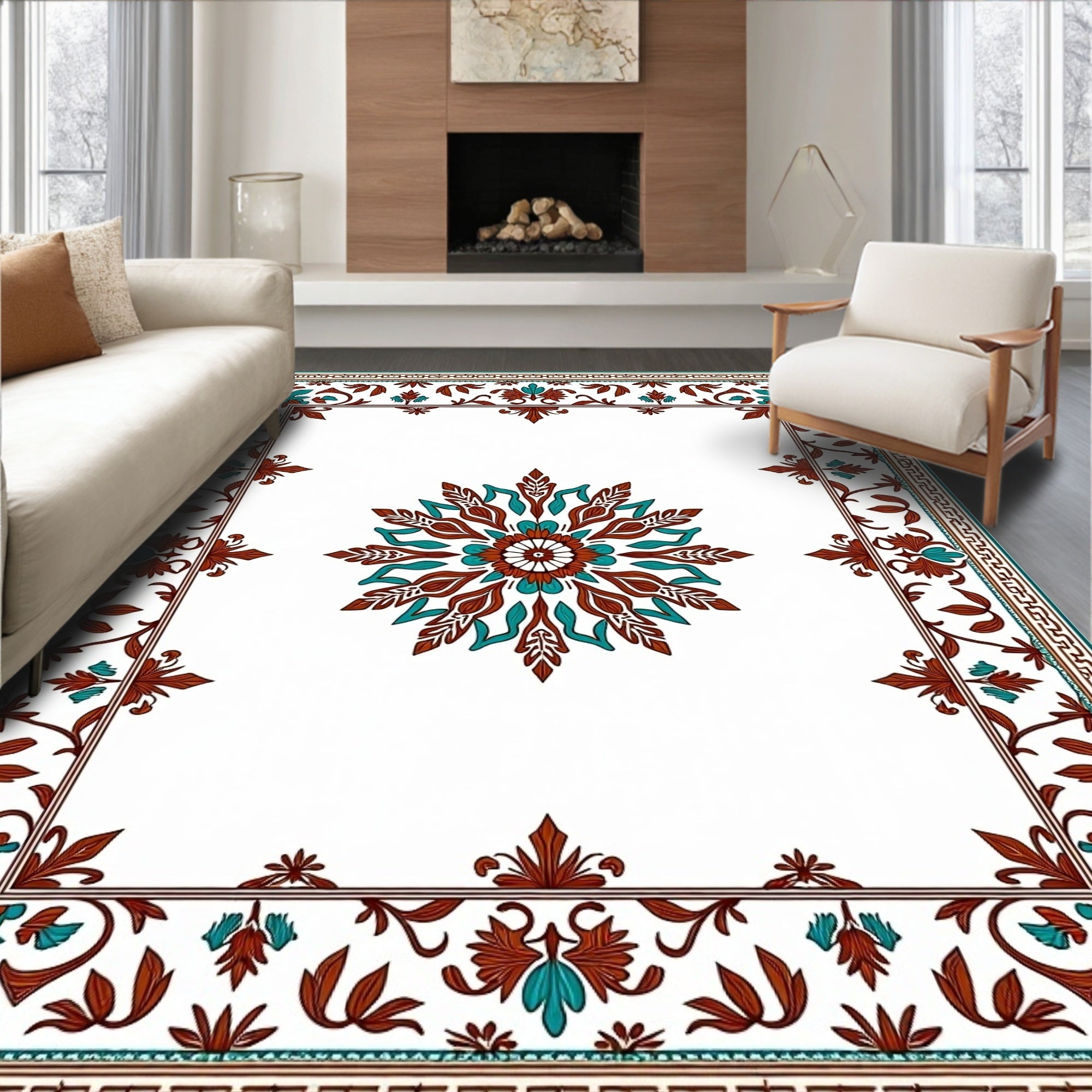 Ornate Floral Medallion Border Design Rug